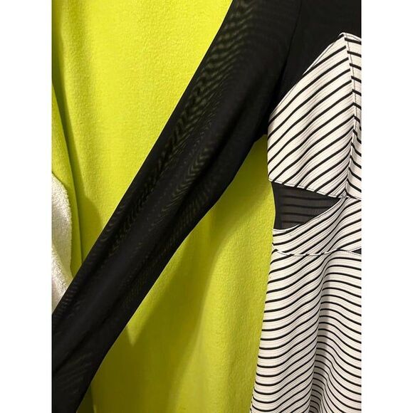 Material Girl Mesh Striped Skater Dress XL Black White Cutouts Flare Long Sleeve - Picture 2 of 5